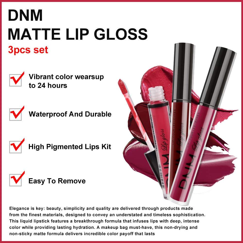 evpct 3Pcs Dark Red Purple Matte 24-hour Liquid Lipstick Sets, Matte Lipstick Lip Stain Long Lasting 24 Smudge Waterproof Lip Gloss Gift Set Matt Lipsticks Set Matt Liquid Women Makeup Lipstick 06