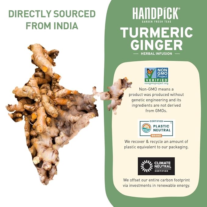 HANDPICK, Organic Turmeric Ginger Tea, 100 Eco-Conscious Tea Bags | Caffeine Free, Gluten Free, Non-GMO | 100% Pure Herbal Blend - Savory & Spicy