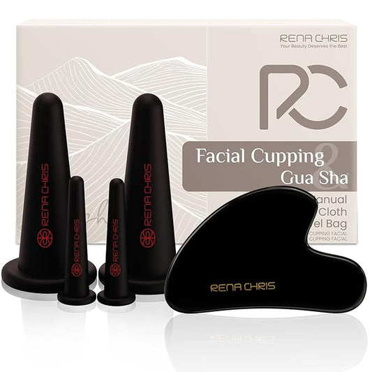 Rena Chris Facial Cupping Set & Gua Sha Facial Tool - Silicone Cupping Set & Obsidian Gua Sha Stone - Face Cupping Therapy Set for Natural Skin Care, Puffiness, Lip Plumping(Black)