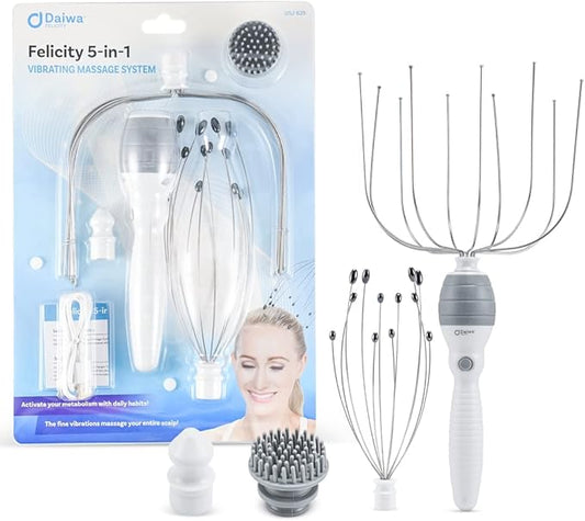 Daiwa Felicity Head Scalp Massager Scratcher 5-in-1 Stress Relief Massager Set for Scalp, Face, and Body Relaxation, Magnetic and Shiatsu Therapy for Tension, Pain Relief, and Wellness