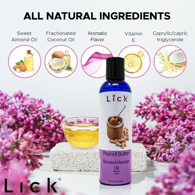 Lick Peanut Butter Flavored Massage Oil with Vitamin E, Coconut, Sweet Almond Oil for Lovemaking, Date Night, Nuru Yoni Massage Therapy, Safe & Edible 4 oz