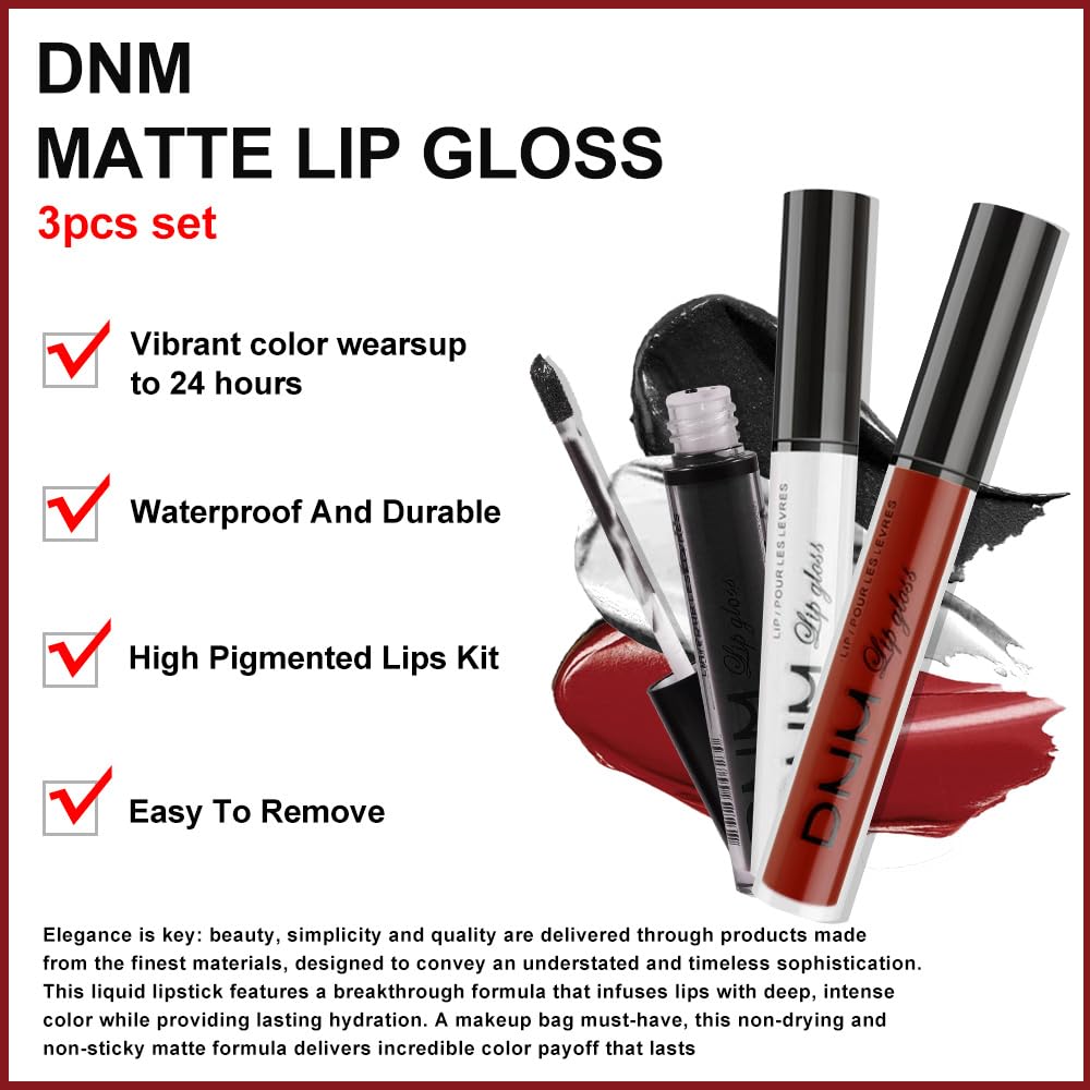 evpct 3Pcs Dark Black White Red Matte Liquid Lipstick Lip Stain Sets for Women Matte+Lipstick Long Lasting Permanent 24 hr Hours Magic Lipstick 24 Hours original Waterproof 17#