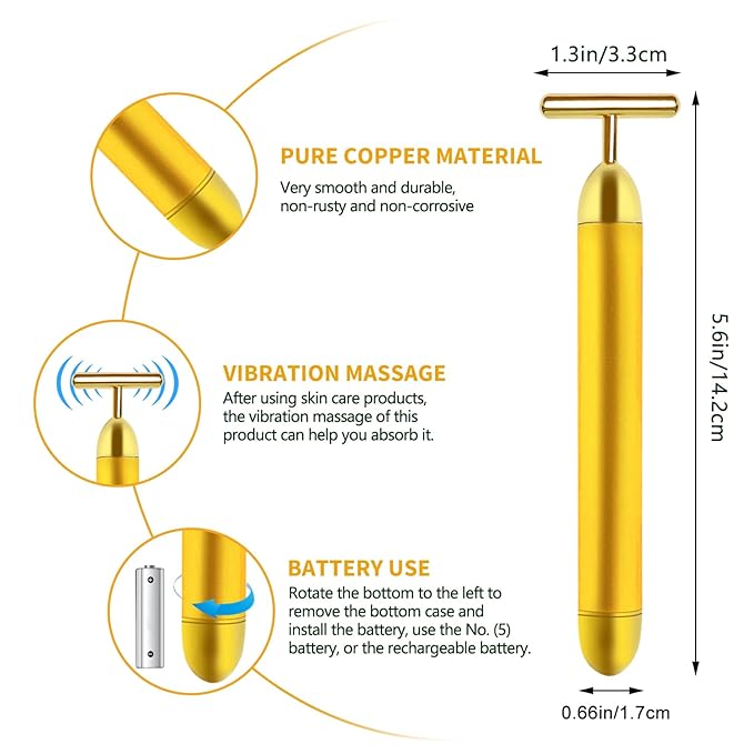 Face Massager Electric Skin Care Tool, 24k Golden T Shape Beauty Bar & 3D Roller Massager, Vibration Facial Lifting and Body Treatment Tool Kit, Reduce Puffiness Improve Wrinkles Anti Aging Device