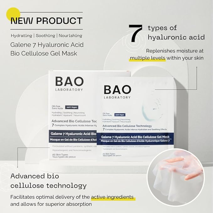 Galene 7 Hyaluronic Acid Bio Cellulose Gel Mask | Intense Hydration & Soothing Effects for Face | Skin Care Face Facial Mask | 100% Vegan, 330 g (6 pairs)