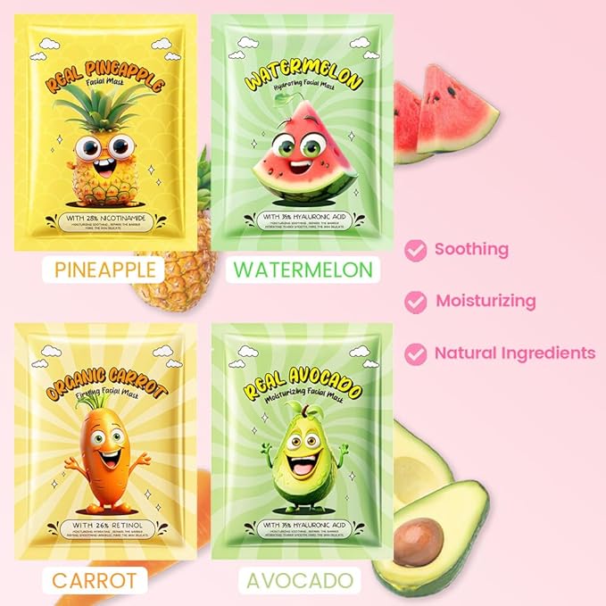 Kaely 12 Pack Fruit Face Masks for Kids, Kids Face Mask Spa Day kit Supplies, Spa Party Favors for Teens Girls Women, Sheet Facial Mask Skincare Gifts Set, Moisturize Soothe for All Skin Types, 01