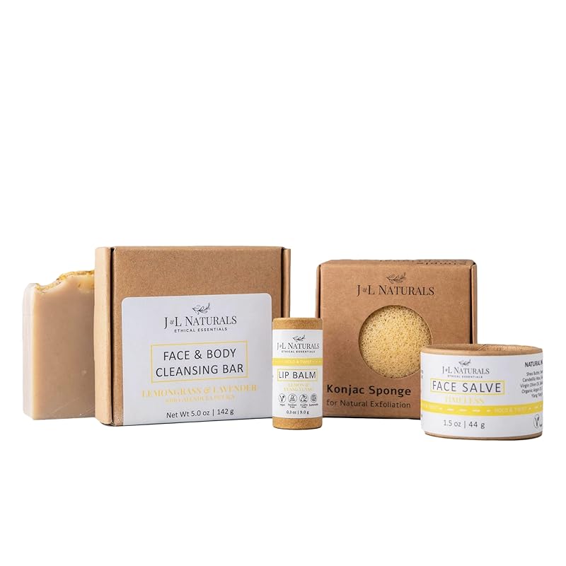 J&L Naturals Simple Skin Regimen Kit With Cleansing Bar, Face Salve, Konjac Sponge, Lip Balm | For Oily, Dry, Mature, and Combination Skin | Zero Waste (Timeless (mature skin), Exceptional)