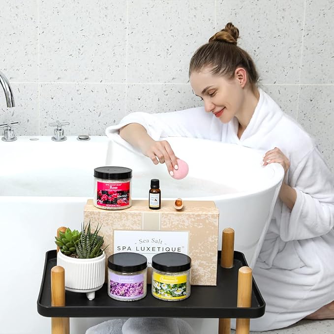 spa luxetique Bath Salts, 8pcs Bath Salts Gift Set with Argan Oil, Bath Bombs, Wooden Scoop, Epsom Salt for Soaking in Lavender, Rose, Chamomile Scent, Mother's Day Gifts