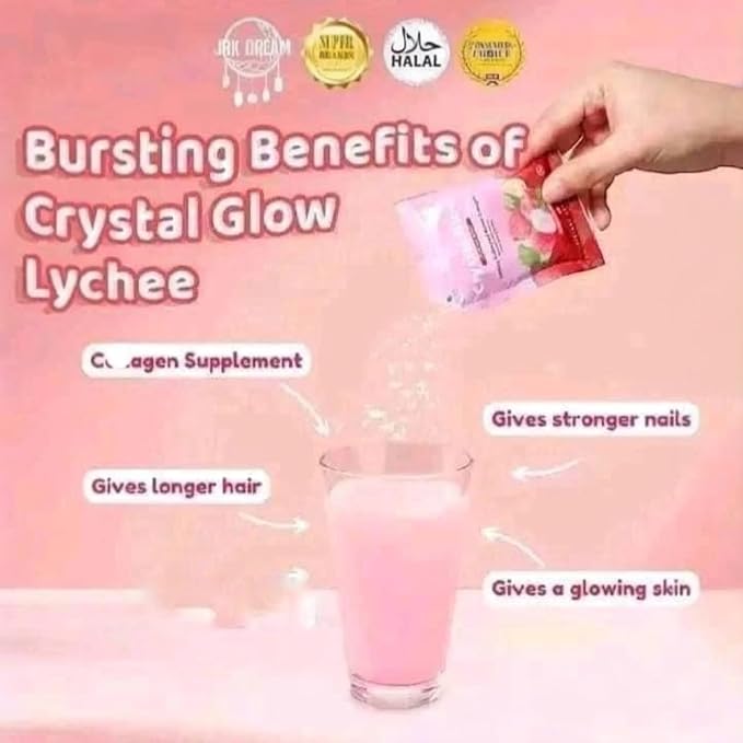 Crystal Glow Hydrolyzed Marine Collagen Mix with Glutathione & Lychee Extract, 10 Sachets