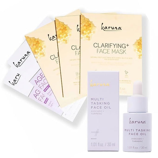 Karuna Age-Defying + Clarifying Sheet Masks (5-Pack) & Multi-Tasking Face Oil (30 mL) – Glow-Boosting Skincare Set for Nourished, Radiant Skin