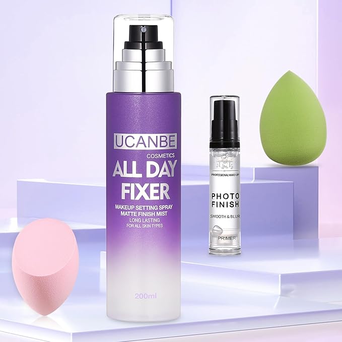 UCANBE Makeup Setting Spray + Face Primer + Make Up Sponge, Gel-Based Hydrating Primer, Lightweight, Long Lasting Matte Finishing Spray,Beauty Blender Set