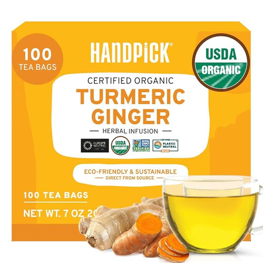 HANDPICK, Organic Turmeric Ginger Tea, 100 Eco-Conscious Tea Bags | Caffeine Free, Gluten Free, Non-GMO | 100% Pure Herbal Blend - Savory & Spicy