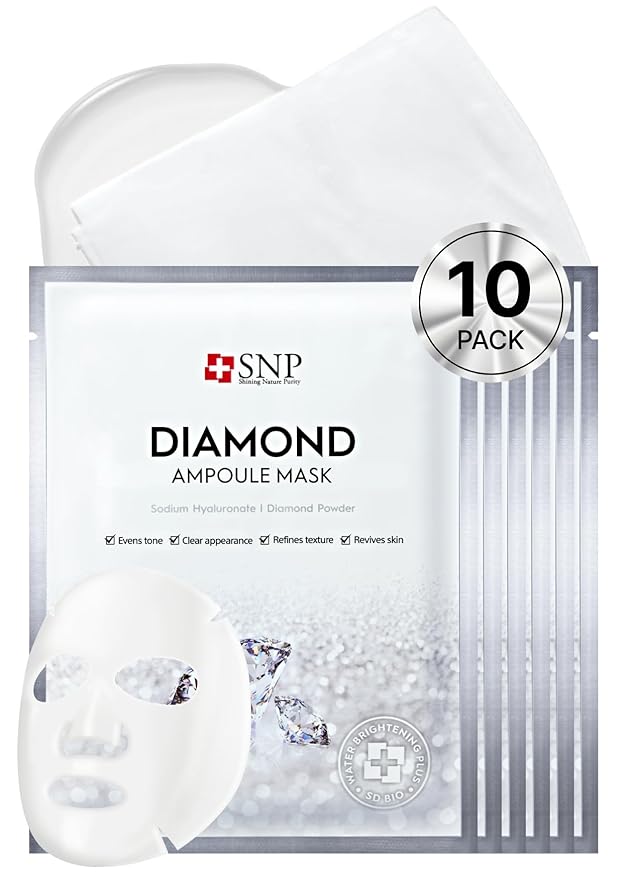SNP [K Beauty Diamond Ampoule Sheet Mask | Tightening, Hydrating, and Nourishing with Real Diamonds for All Oily Skin Types | Korean Face Mask Skincare | Facial Moisturizing | 10 Sheets