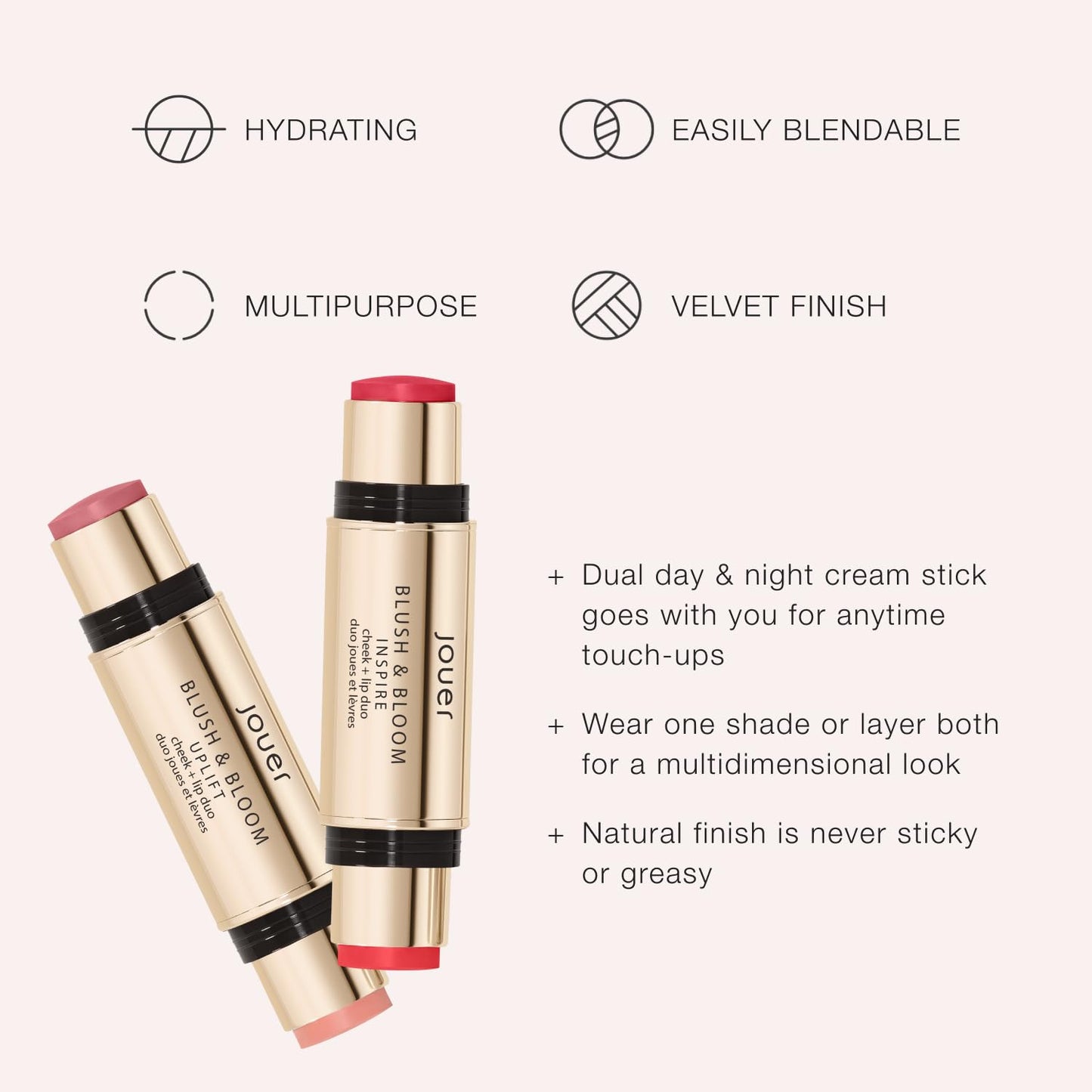 Jouer Blush & Bloom Cheek + Lip Duo - Hydrating Cream Blush Stick for Lip and Cheek Tint - Moisturizing Rose Hip and Squalane Oil Formula, Celebrate