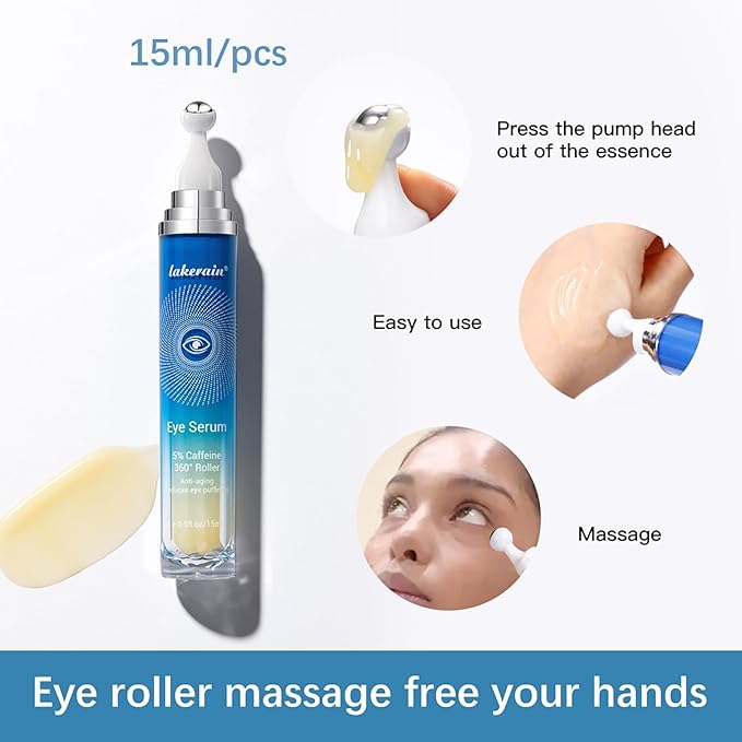 NICEFACE 5% Caffeine Eye Serum - Under Eye Cream for Dark Circles and Puffiness Eye Care - with 360° Massage Ball Reduce Wrinkles and Fine Lines - Bags under eyes for Men and Women