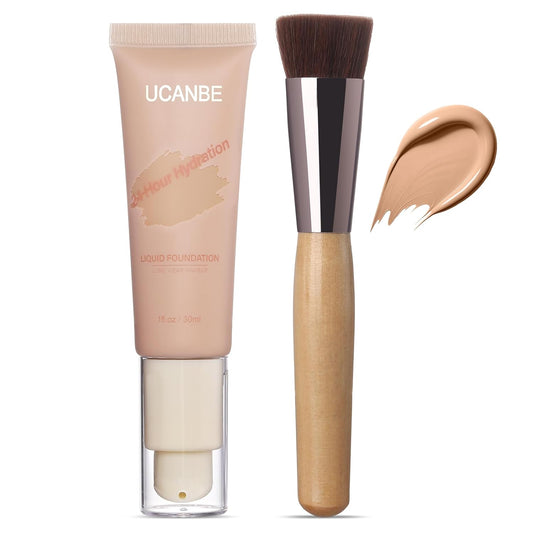 UCANBE Matte Liquid Foundation with Brush, Skincare Serum Foundation Face Makeup with Hyaluronic Acid, Medium to Full Coverage Waterproof Oil Control Longwear, for Mature Skin, True Beige, 1 fl. oz.