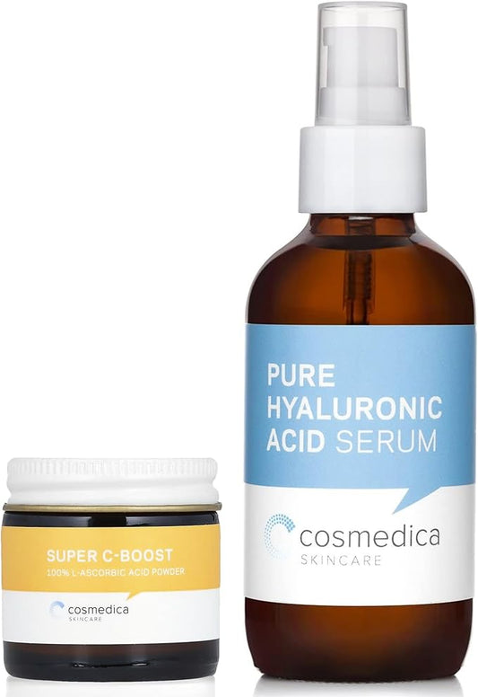 Cosmedica Skincare 100% L-Ascorbic Acid Powder & Hyaluronic Acid Serum Bundle – Vitamin C Powder for Custom Skincare Boost & Hydrating Facial Moisturizer for Anti-Aging and Skin Brightening