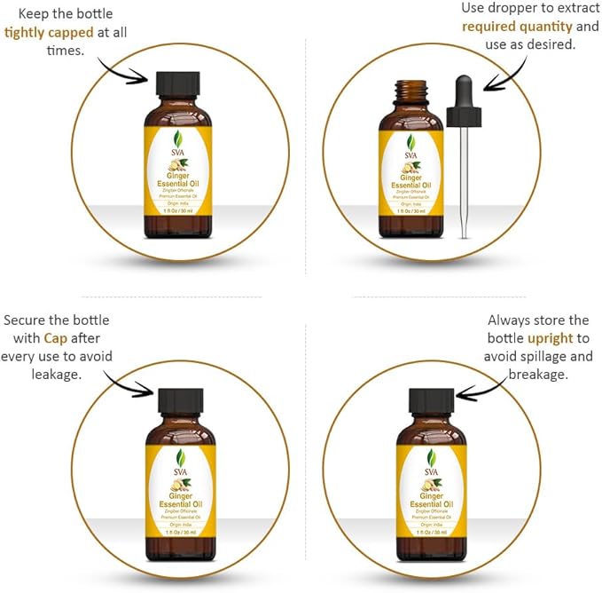 SVA Ginger Essential Oil – 1 Fl Oz – 100% Natural Ginger Oil - for Diffuser, Hair Care, Face, Skin Care, Aromatherapy, Scalp and Body Massage, Soap and Candle Making – with Dropper
