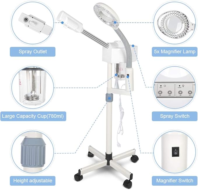 Steamer for Facial Professional Facial Steamer 2 in 1 Multifuncional 5X Magnifying Lamp LED Light Magnifier for Salon Spa Beauty Home, White