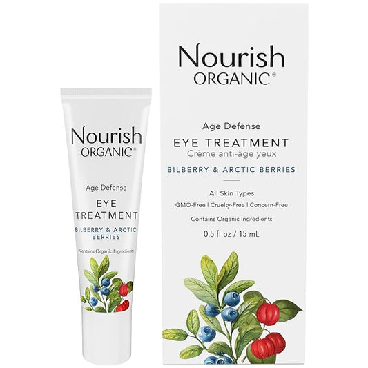 Nourish Organic Eye Treatment, Bilberry & Arctic Berries – Age Defense Under Eye Cream with Vitamin C + Washable Cotton Round