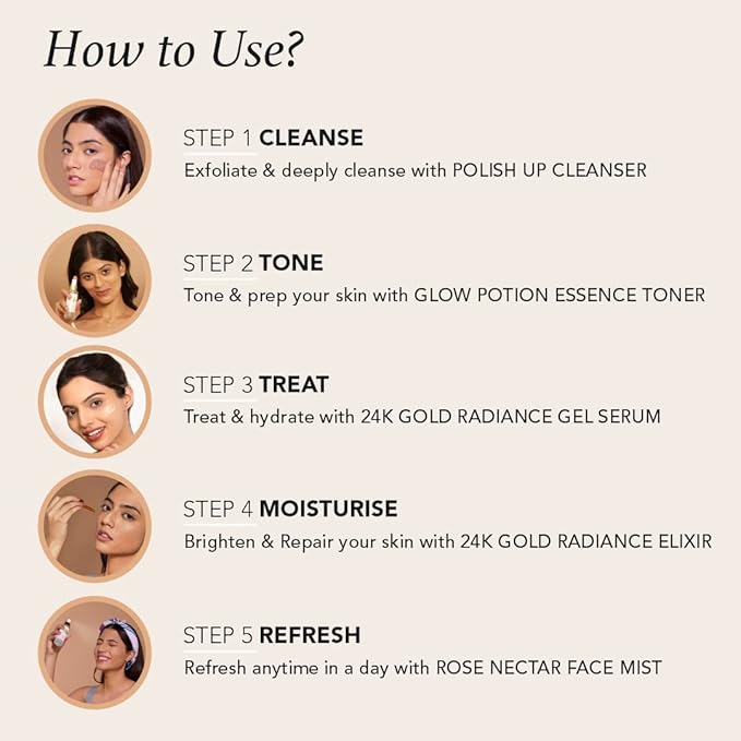 Quick Glow Kit, Hydrating Essence Toner, Exfoliating Face Cleanser, 24K Gold Face Elixir, Face Gel Serum, Face & Body Toner | Smoothens & Softens Skin, Deep Cleanser | Set of 5 - RAS LUXURY OILS