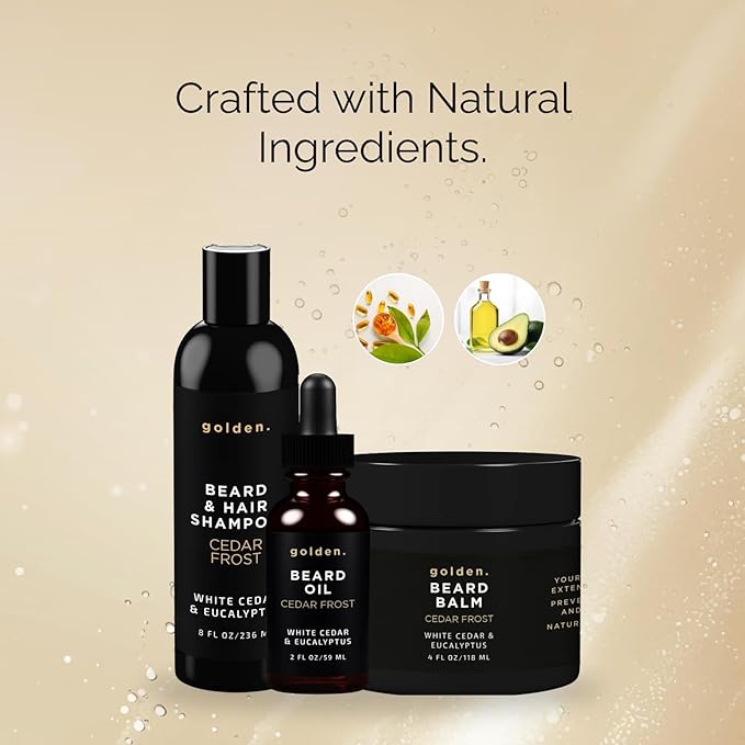 Golden Grooming Co. Everyday Beard Bundle – Complete Beard Care Set | Includes Beard Oil, Balm & Shampoo (XL, Cedar Frost)