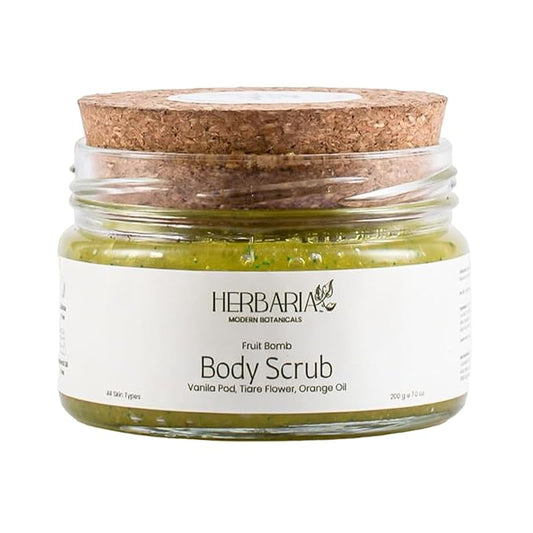 HERBARIA Body Scrub - FRUIT BOMB (7 oz) | Exfoliating Sugar Scrub with Panifolia Fruit, Shea Butter, Avocado Oil, Safflower Seed Oil, Almond Oil | 100% Sustainable - 100% Vegan, Cruelty Free