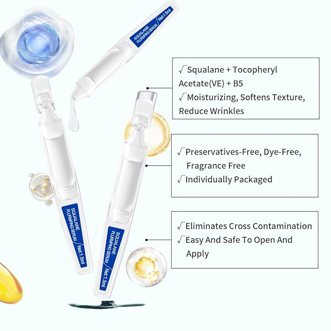 Squalane Serum for Face # 15 Pcs/Box, with Vitamin E, Vitamin B5 and Vitamin A derivative, Moisturizing Serum Soft Ampoules to Smooth Dry and Sensitive Skin