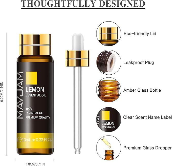 Lemon Essential Oil, MAYJAM 10ML/0.33FL.OZ Premium Lemon Oils for Soap Candle Making, Diffuser, Bedroom, Living Room, Office