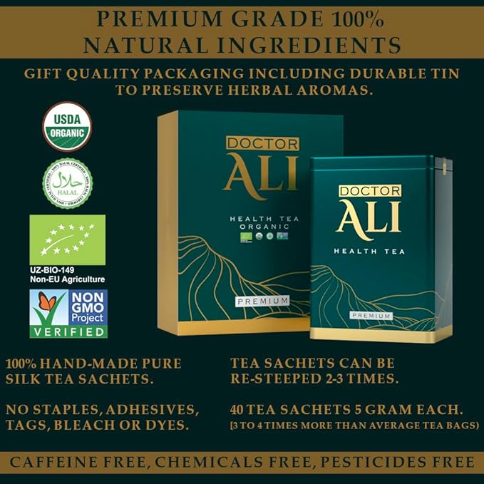 DOCTOR ALI HEALTH TEA - Cleanse & Detox, Kidney & Liver Health, Digestion, Immunity, Sleep Improvement | Premium Grade | 11 Organic Super Herbs for Holistic Wellness | 40 Pure Silk Sachets, 5 gr each