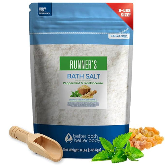 Runner's Bath Salt 128 Ounces (8 Lbs) Soothing Epsom Salt Bath Soaks with Natural Peppermint and Frankincense Essential Oils Plus Vitamin C in BPA Free Pouch with Easy Press Lock Seal Made in USA