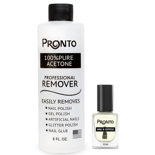Pronto 8 Oz 100% Pure Acetone Nail Polish Remover and Cuticle Oil, Pure Acetone for All Nail Polish Types including Gel, Acrylic & Sculptured Nails, Gel Nail Polish Remover and Nail Repair, Duo Pack