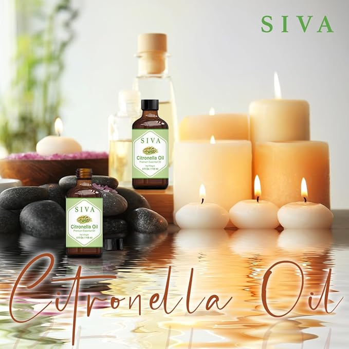 Siva Citronella Essential Oil - 4 Fl Oz – Natural Citronella Oil - for Diffuser, Face, Skin Care, Aromatherapy, Hair Care, Scalp and Body Massage - with Dropper