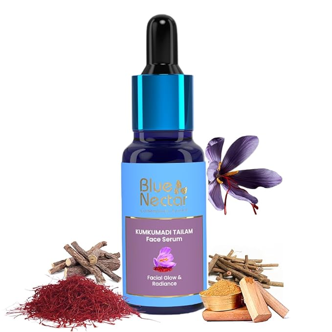 Blue Nectar Saffron & Manjish Oil - Original Kumkumadi Oil for Face | Ancient Glow Serum Face Moisturizer for Glowing Skin | Plant-Based Collagen Booster for Women & Men (26 Herbs, 1Fl Oz)