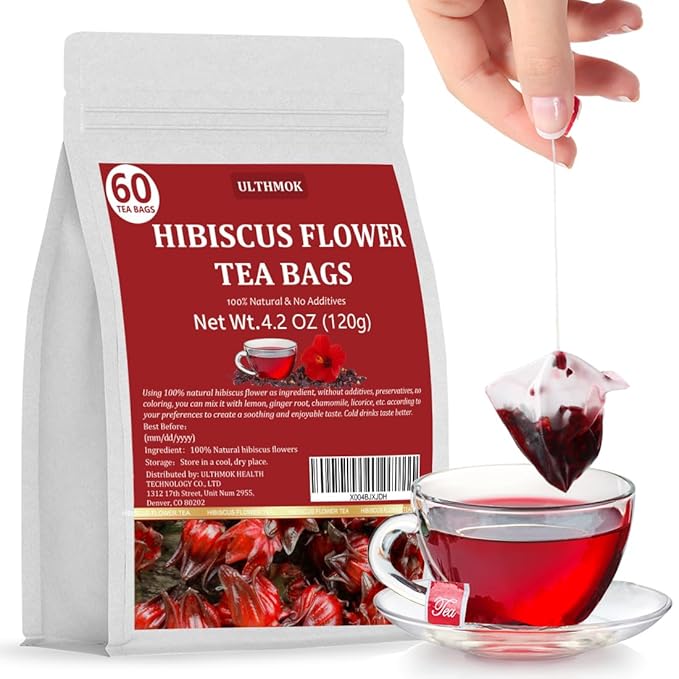 Premium Hibiscus Tea Bags,60 Tea Bags 2g /4.24 Oz,100% Pure Dried Hibiscus Flower,Natural & No Additives,Caffeine Free.