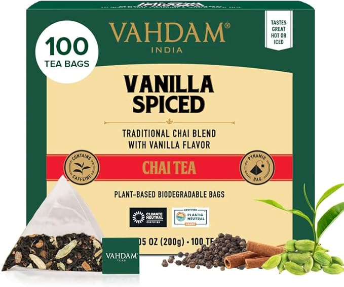 VAHDAM, Vanilla Spiced Chai Tea | 100 Tea Bags | Delicious Blend of Vanilla Masala Chai | Brew Hot, Cold or Iced