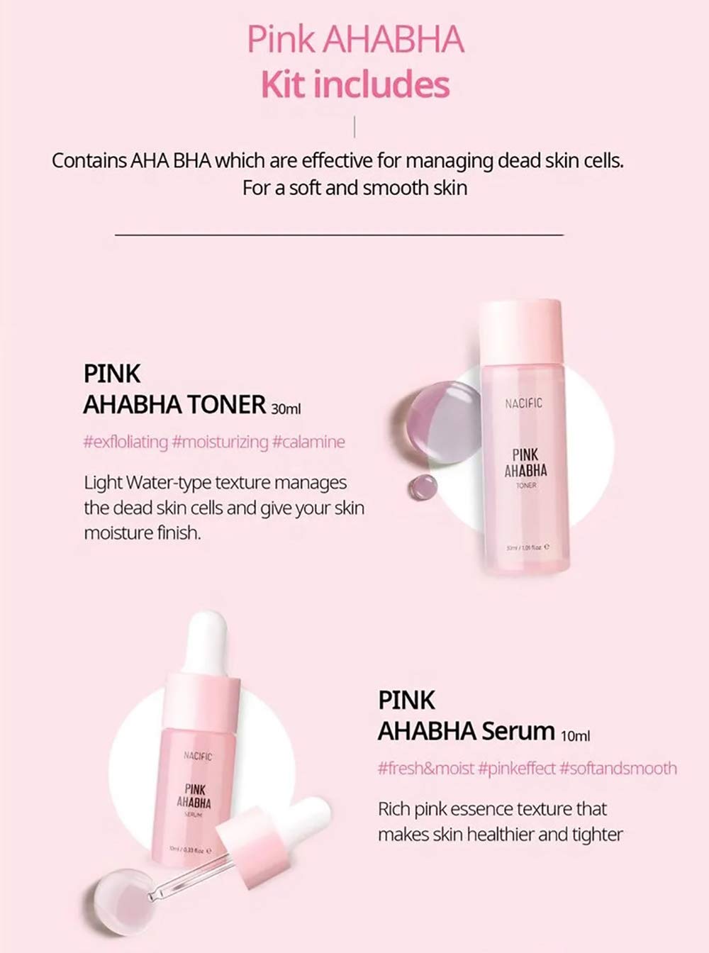 Nacific Pink AHA BHA Kit (Cleansing Foam, Toner, Serum, Cream) Travel Size Skin Care Set