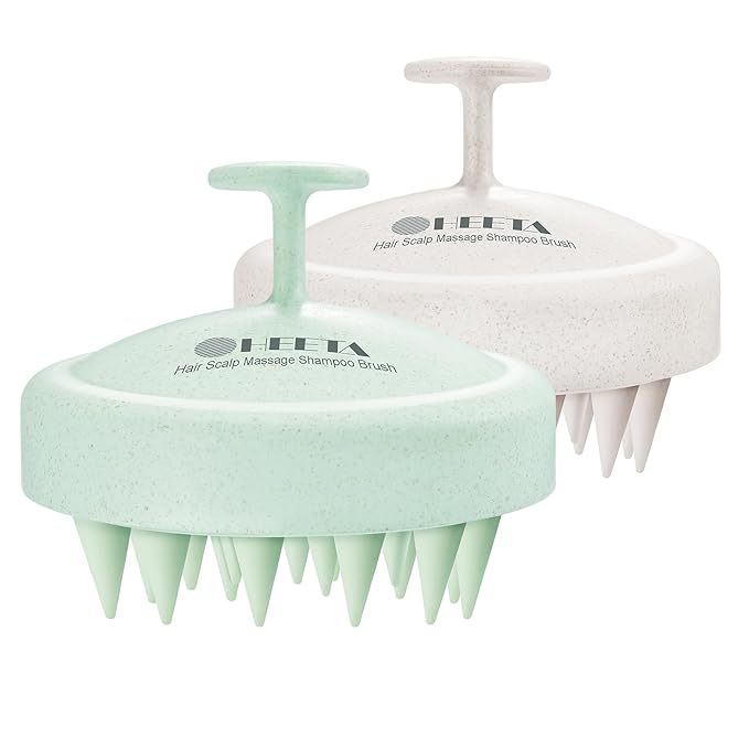 HEETA Scalp Massager Hair Growth 2-Pack, Silicone Scalp Scrubber Shampoo Brush for Exfoliation Dandruff Removal Head Massage Stress Relax, Wet & Dry Use for Women Men Hair Care, Wheat Straw Material