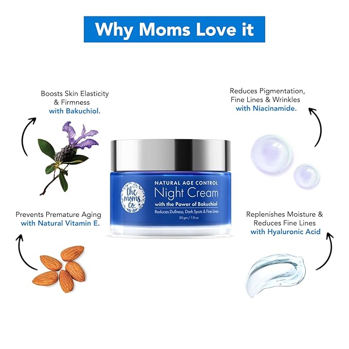 The Moms Co. Natural Age Control Night Cream for Face with Bakuchiol (Natural Retinol) & Niacinamide, Anti-wrinkle Cream for Women, Helps Fight Fine Lines & Aging 1.8oz/50g