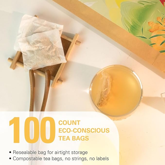 WT WEETEE Organic Ginger Tea Bags, 100% Pure Ginger Root Tea 100 Count, Caffeine Free, No Spices, No Flavors