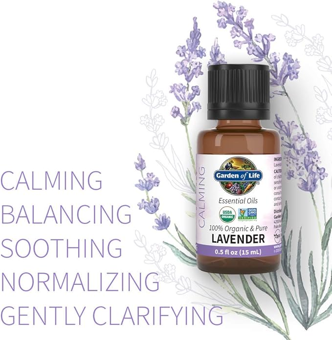 Garden of Life Essential Oil, Lavender 0.5 fl oz (15 mL), 100% USDA Organic & Pure, Clean, Undiluted & Non-GMO - for Diffuser, Aromatherapy, Meditation, Skincare, Sleep - Calming, Relaxing, Soothing