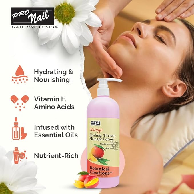 PRO NAIL - Healing Therapy Massage Lotion - Professional Pedicure, Body and Hot Oil Manicure, Infused with Natural Oils, Vitamins, Panthenol and Amino Acids (Mango, 32 Ounce)