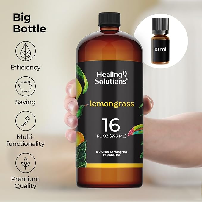 Healing Solutions Lemongrass Essential Oil, 16oz - 100% Pure Large Bottle for Diffuser, Cleaning, Spray & Candle Making