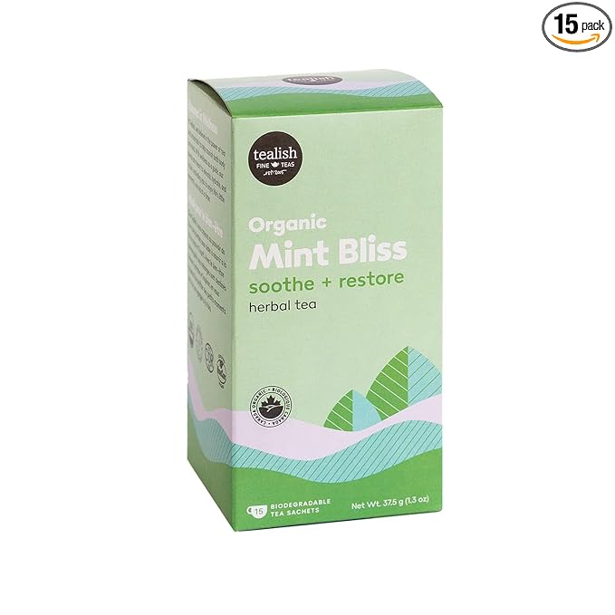 Tealish - Organic Mint Bliss Herbal Tea Sachets, 15 Biodegradable Tea Bags - Organic Herbal Tea Bags - Tea for Digestion, Sip After Meals, Relaxation and Calming Tea