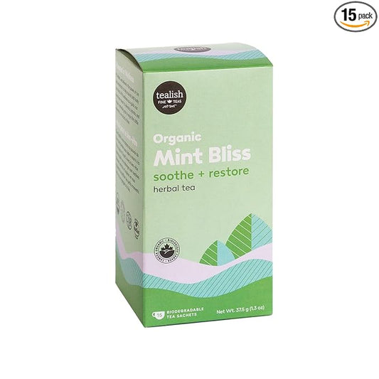 Tealish - Organic Mint Bliss Herbal Tea Sachets, 15 Biodegradable Tea Bags - Organic Herbal Tea Bags - Tea for Digestion, Sip After Meals, Relaxation and Calming Tea