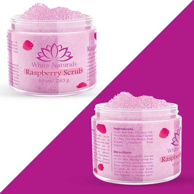 Organic Raspberry Scrub, Natural Exfoliating Salt Body & Face Scrub, Pure Exfoliator Helps with Moisturizing Skin, Cellulite, Dead Skin Cells, Deep Cleansing, Moisturizes 10 oz
