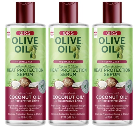ORS Olive Oil Heat Protection Hair Serum infused with Coconut Oil for Restorative Shine 6.0 Ounce (Pack of 3)
