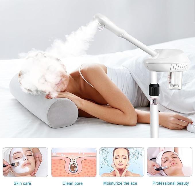 Professional Facial Steamer on Wheels, Esthetician Steamer with Hot Ozone Mist, Stand Face Steamer for Facial Deep Cleaning, Steamer for Facial for Personal Care or Spa, White