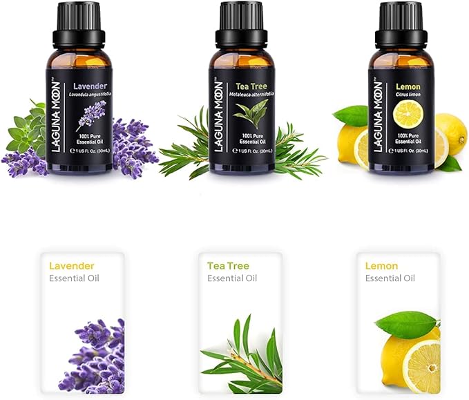 Pure Tea Tree, Lavender, Lemon Essential Oils - Top 3pc Oil Gift Set - for Diffusers, Humidifiers, Massages, Yoga Room, Home, Office - Safe for Skin, Hair, & Nails (90mL Total)