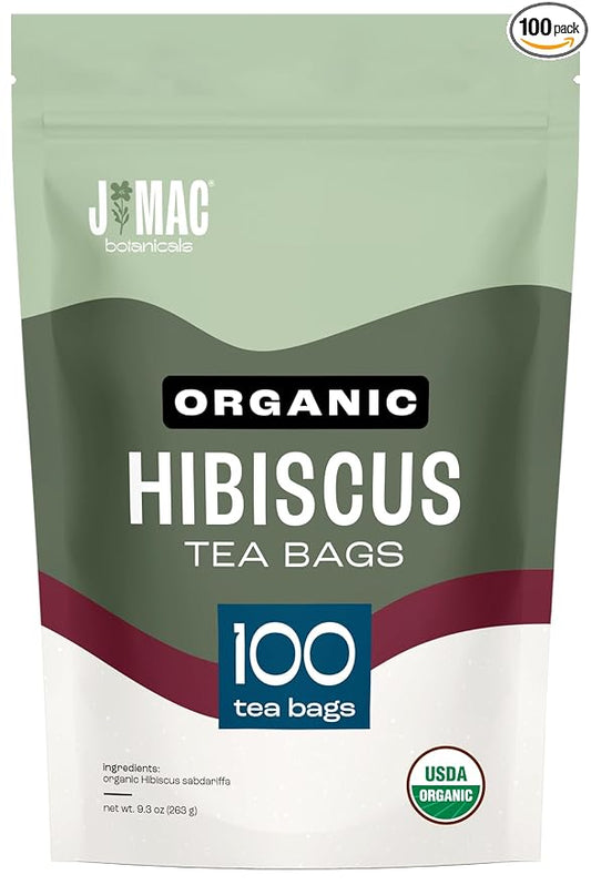 J Mac Botanicals, Organic Hibiscus Tea Bags (100 Count) - Certified by Organic Certifiers, Inc. - Quality Tea From Nile Valley, Egypt, Packaged in the USA