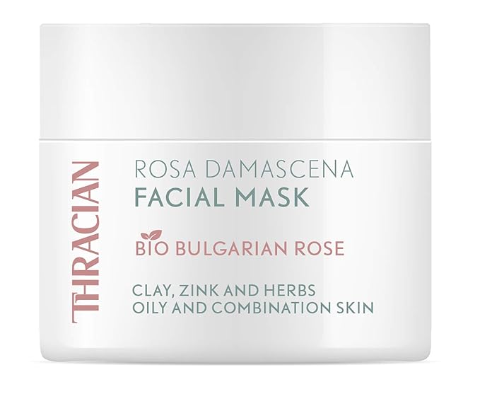 Thracian Bio Rosa Damascena Facial Mask, Natural Gentle Cleansing Clay Mask with Zinc and Bio Bulgarian Rose Water for Blackheads, Acne, Large Pores, Oily Skin, 100 ml, 3.4 Fl Oz